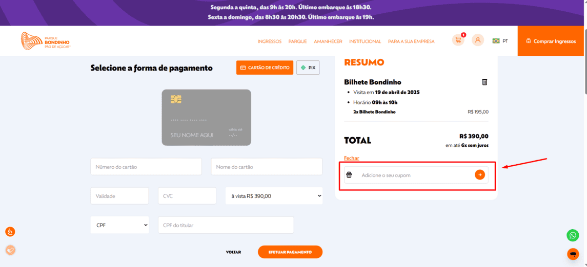 Onde inserir cupom de desconto Parque Bondinho Pão de Açúcar