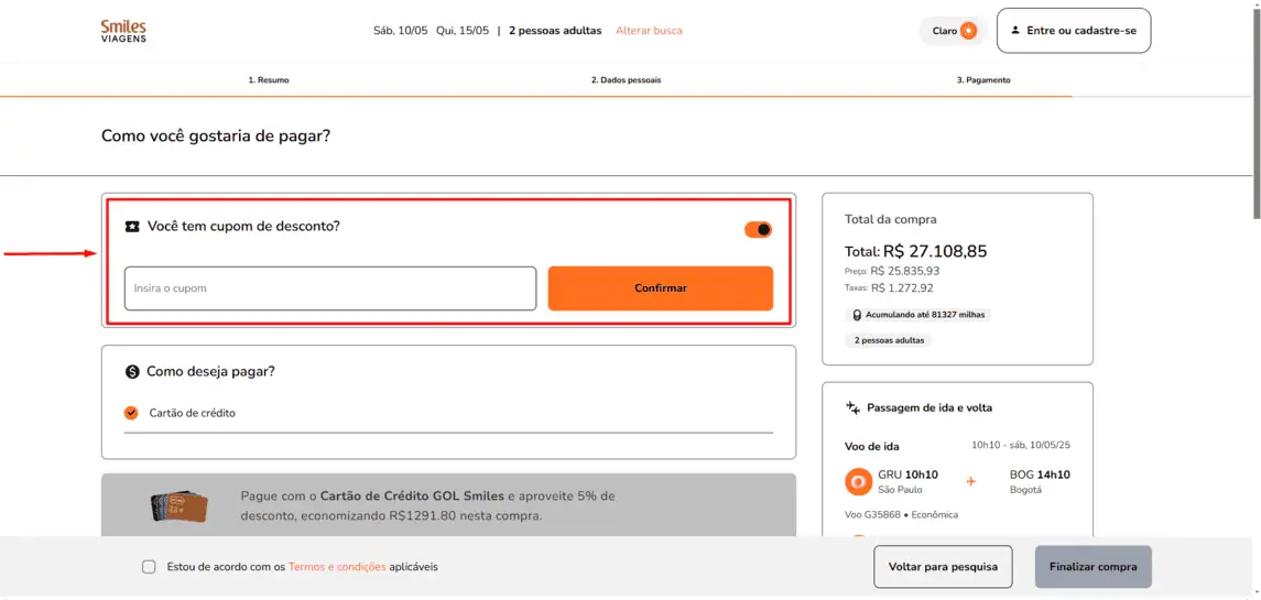 Onde inserir cupom de desconto Smiles Viagens