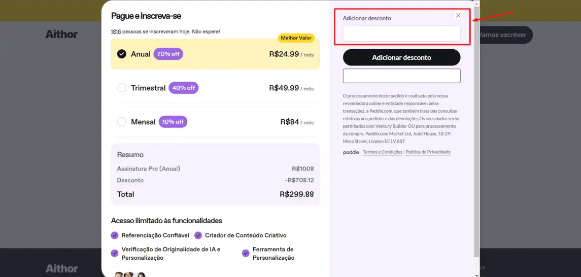 Onde inserir cupom de desconto Aithor