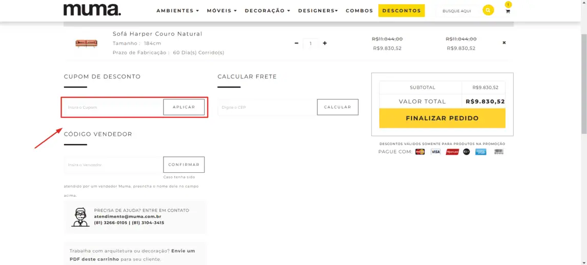 Onde inserir cupom de desconto Muma